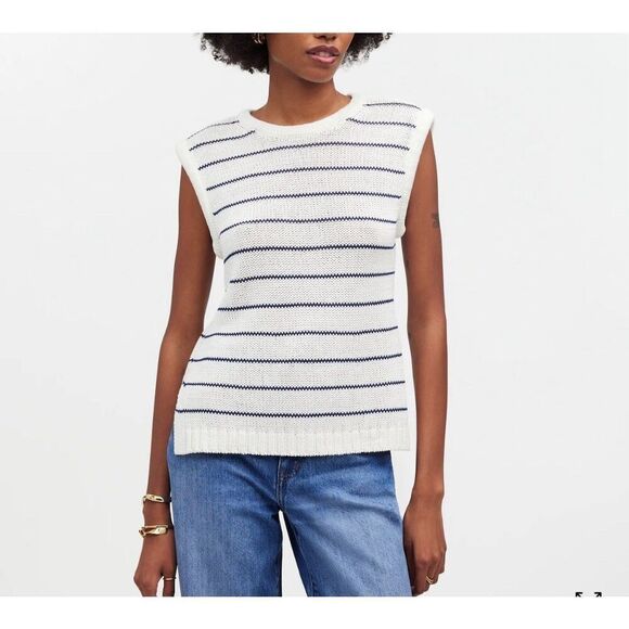 MADEWELL Sweater Vest Women M Puff-Trim Cotton Linen Pullover NEW Stripe NQ977 - Picture 1 of 14